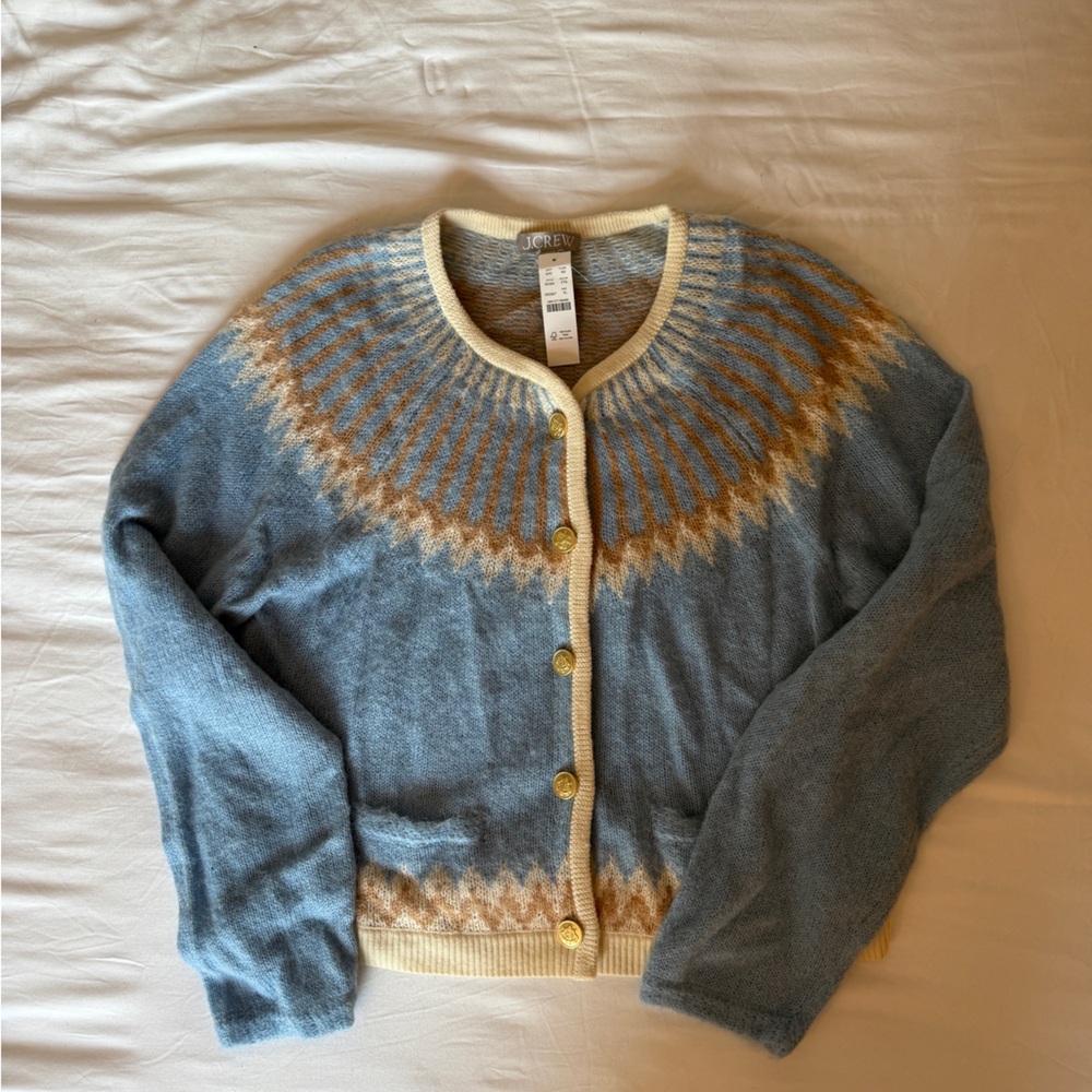 J. Crew Blue and Cream Knit Cardigan with Gold Buttons